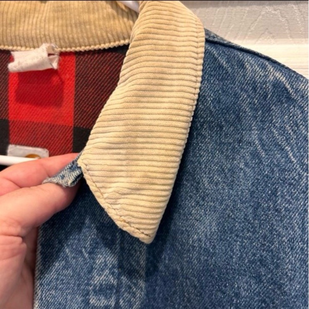 Vtg Carhartt Denim Jean Trucker Jacket Flannel Lined 100 Year Plaid Large - Picture 5 of 13